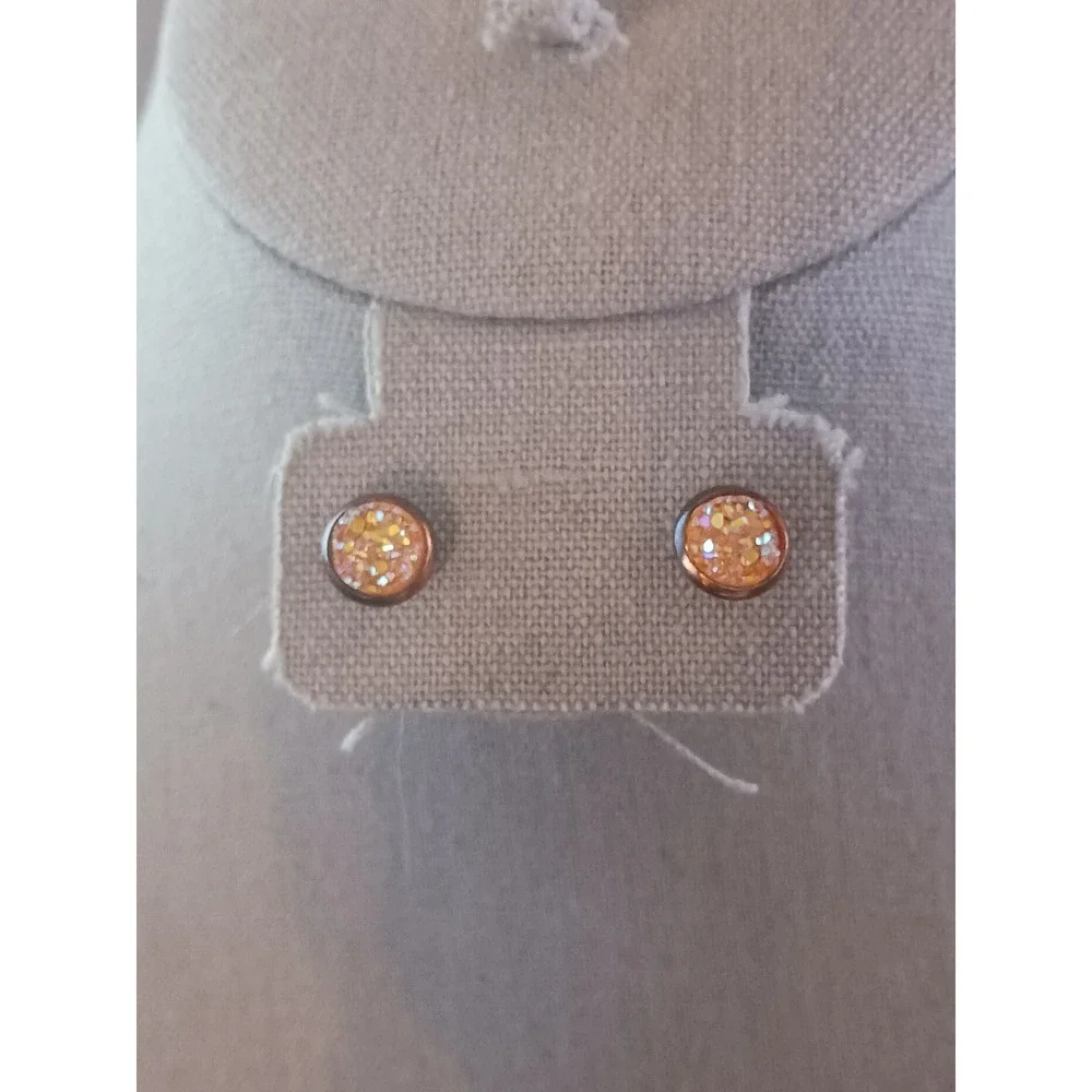 Rose Gold Tone Orange Druzy Style Round Stud Earrings Glitter Sparkle Cabochon